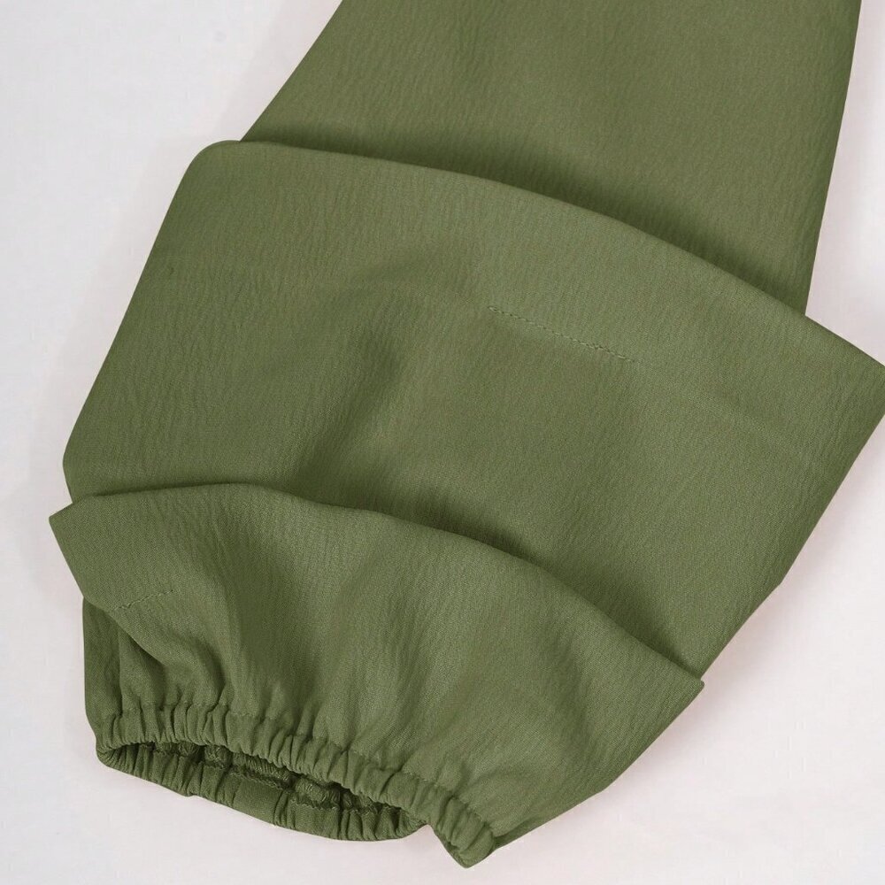 Army Green Elegant Women's Casual Solid Color Lantern Sleeve Jumpsuit - Picture 6 of 9